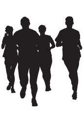 Woman athletes on running race on white background