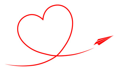 Papierflieger fliegt ein Kondesstreifen-Herz / Vektor, rot, freigestellt