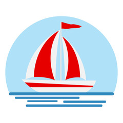 Boat with sails, boat icon. Yacht with scarlet sails.