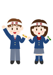 ガッツポーズをする受験生の男女のイラスト