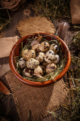 Wooden bowl of quail eggs