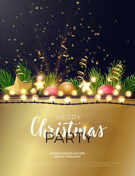 Festive Christmas And New Year Vector Party Flyer Or Dinner Invitation Design With Fir Tree Branches, Gold Confetti, Xmas Ornaments, Glowing Stars And Light Garlands.