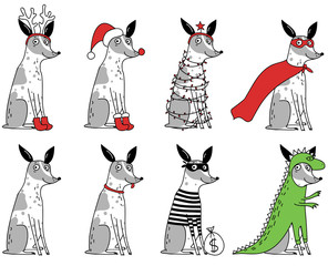 funny spotty dogs in different costumes for your design. New Year. Vector illustration