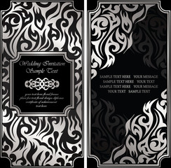 Wedding invitation with floral background in black and silver