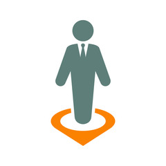 Icono plano hombre en puntero gris y naranja en fondo blanco