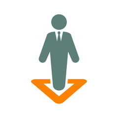 Icono plano hombre en triangulo gris y naranja en fondo blanco