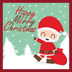 Cute Santa Claus bring gift bag on snow fall vector cartoon illustration for Christmas card design, wallpaper and greeting card 
