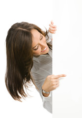 Businesswoman showing blank signboard, on white