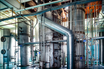 The rectification shop. Silvery distillation columns