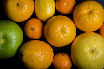 Citrus fruits (orange, lemon, grapefruit, mandarin, lime) on the dark background. Fruit food background. Fresh citrus fruit assortment