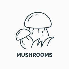 Linear icon and illustration of edible mushrooms on a light background.