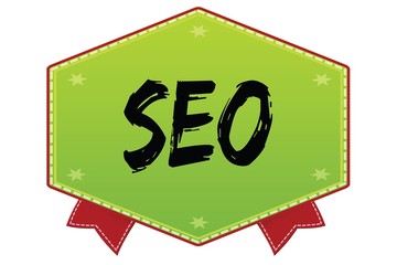 SEO on green badge with red ribbons