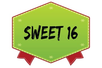 SWEET 16 on green badge with red ribbons