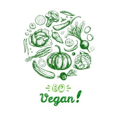 Go vegan. Healthy food. Vegetarian Big Set. Vector hand drawn isolated elements on white. Sketch style