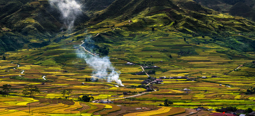Panorama from Top view point which can see Rice terraced fields of Tu le District, YenBai province, Northwest Vietnam