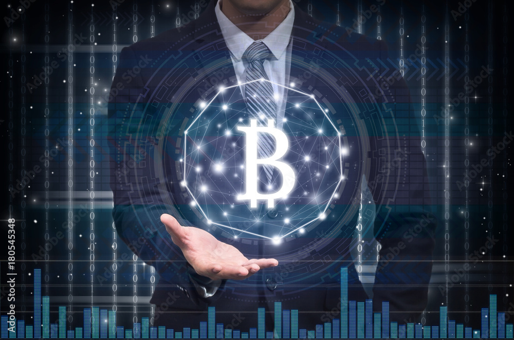 Sticker businessman hand holding the bitcoins text financial technology or fintech connection over the digit