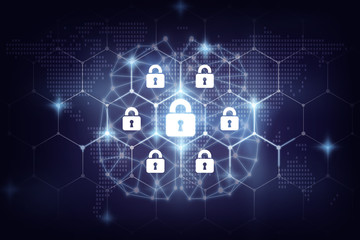Security key lock icon digital display over the world map and Hexagon shape on  the Artificial intelligence of brain technolog with dark blue background, business technology securities and AI concept