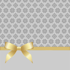 Gift Card With Gold Ribbon And A Bow  on grey background.  Gift Voucher Template with  place for text.  Invitation - vector image.
