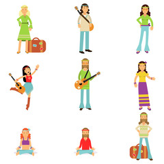 Hippies dressed in classic woodstock sixties hippy subculture clothes. Vector flat set