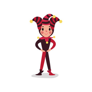 Jester or festival fool cartoon character standing with arms akimbo. Boy clown in black and red costume.