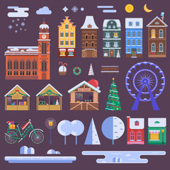 WInter city constructor set with european christmas houses, festive market objects, Xmas decorations and other details. Europe town landscape creator with urban map and infographic elements.