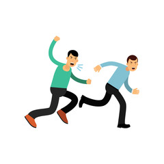 Cartoon illustration of man in blue sweater running away from angry guy. Aggressive and violent behavior.