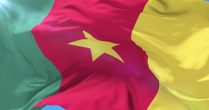 Cameroon flag waving at wind in slow with blue sky, loop