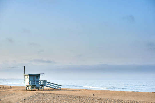Lifeguard booth on an empty beach in Santa Monica, Los Angeles, California