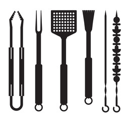 Grill and barbecue utensils icons in outline design. BBQ tools logo or label template. Barbeque equipment silhouette collection.