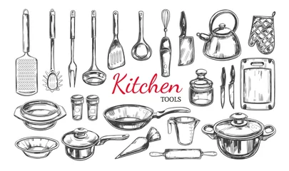 Fototapete Küche Küchengerät, Werkzeugsatz. Kochen Sammlung. Handgezeichnete Vektorgrafiken im Skizzenstil. Isolierte Objekte auf Weiß