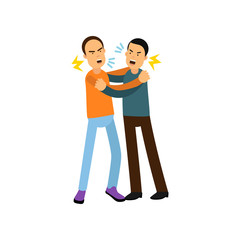 Cartoon characters of two angry men in fighting pose, pull at each other s for clothes