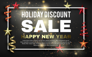 A beautiful happy new year sale illustration with white frame, different stars and ribbons
