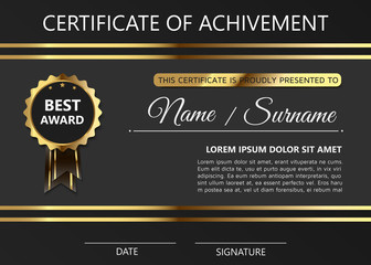 Luxury certificate of achivement template with golden award badge. Modern diploma blank