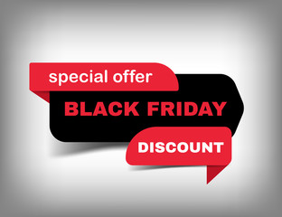 Vector black friday sale banner, discount tag, special offer. Website sticker, red and black web page design