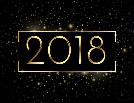 2018 happy new year a beautiful gold illustration on a black background with bokeh and ligthing flare and gold frame