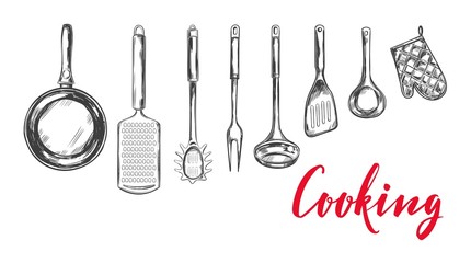 Cooking concept. Kitchen tools . Vector hand drawn illustration with Modern Calligraphy. Lettering