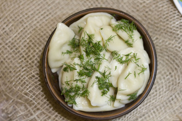Closeup view of traditional russian food - pelmeni, ravioli or meat dumplings. Served with marinated mushrooms, sauerkraut, cucumbers, green onion and garlic. Copy space