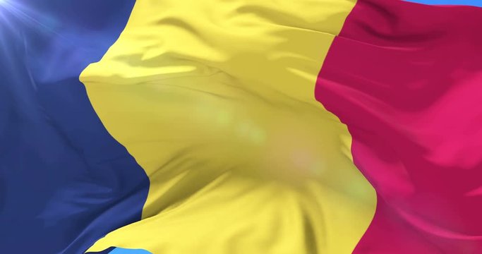 Flag of the Republic of Chad waving at wind with blue sky, loop