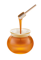 Glass jar of honey with wooden drizzler isolated on white background