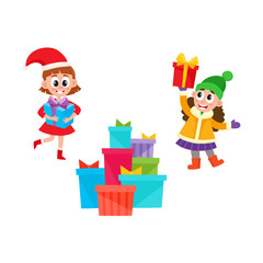 vector flat kids with presents. Young girl in outdoor winter clothing and child in christmas hat holding present box with bright wrapping and bow near big pile of presents. Isolated illustration