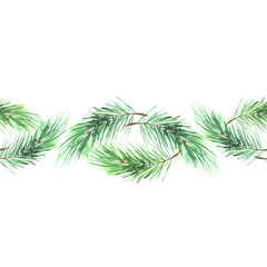 Watercolor spruce, pine, fir branches. Use for decoration, postcards, frame, advertisements, ads, and more. Seamless floral pattern.