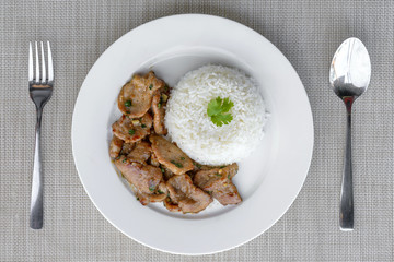 Fried Pork with Garlic and Pepper eat wiht rice. Easy thai food