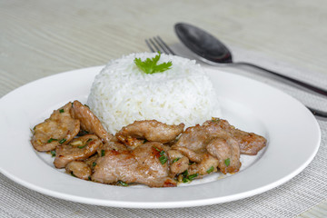 Fried Pork with Garlic and Pepper eat wiht rice. Easy thai food
