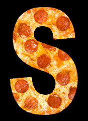 letter S cut out of pizza with peperoni