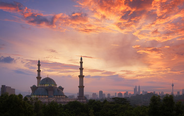 View of public mosque, Wilayah persekutuan mosque at sunrise in Kuala Lumpur, Malaysia