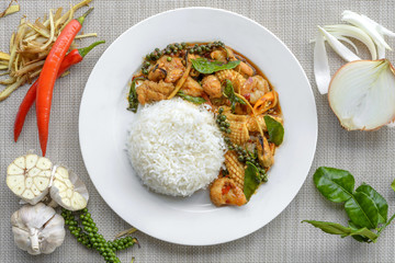 Seafoods cooked with thai spicy paste and thai harb