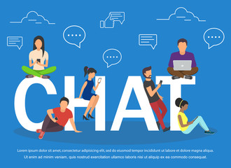 Chat illustration of young people using mobile gadgets .Flat big letters chat and guys
