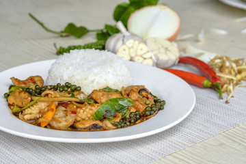 Seafoods cooked with thai spicy paste and thai harb