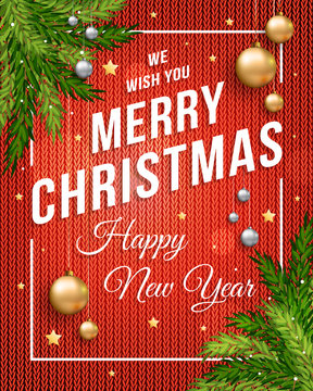 Merry Christmas poster banner with knitted red background, gold and silver Christmas balls and template text for your congratulation. Eps 10 vector illustration