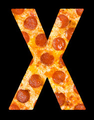 letter X cut out of pizza with peperoni